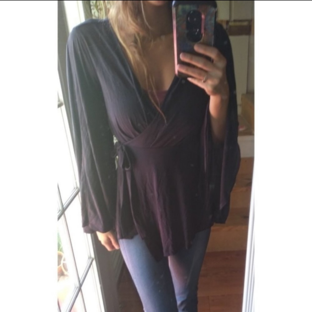 Free People Bell Sleeve Wrap Top BOHO Shirt Tie